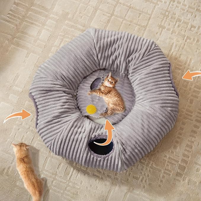 Large Cat Tunnel Bed for Indoor Cats,Cat Donut Tunnel Toy with Washable Circle Cushion,Blackout Tent, Multifunctional Playground Toys Hideplace for Kitty, Kitten, Rabbit,Ferret