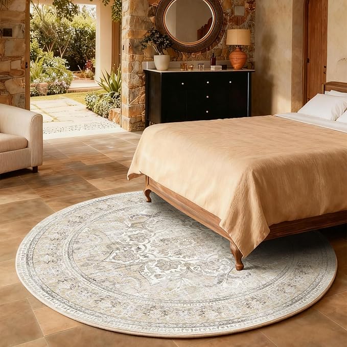 4x4 Round Bedroom Rug Washable: Round Boho Rug Stain Resistant Non Slip Low Pile Small Carpet for Bedroom Kitchen Entryway Living Room Bedside Office Dorm Kids Room Entrance