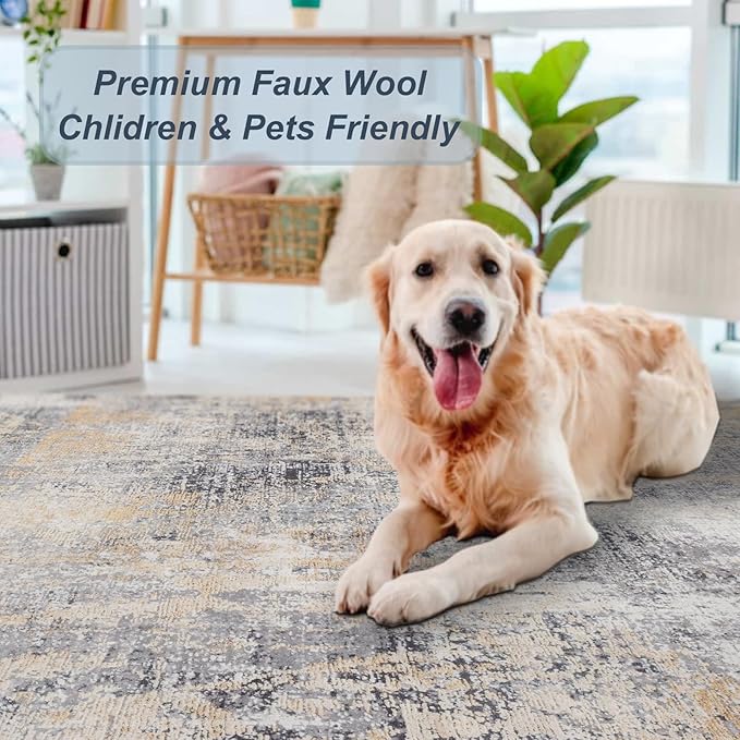 DomDomitapis Area Rug 3횞5, Vintage Boho Rug,Ultra-Soft Low Pile, Washable, Non Slip,Stain Resistant Printed Carpet for Living Room Bedrooms Playroom Office Kitchen, Gold/Grey