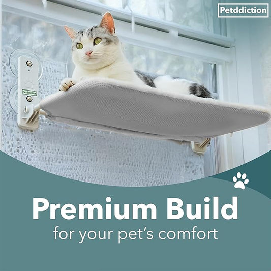 Cat Window Perch Hammock | Window Cat Bed Seat | Foldable Cordless Glass Ledge | Space-Saving Sill Extender | Heavy-Duty Frame | Strong Suction Mount | Reversible Machine-Washable Cover