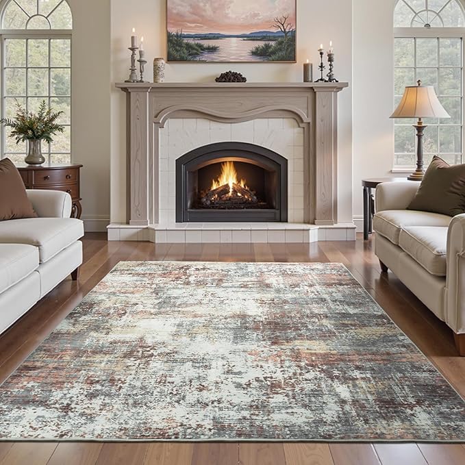 6x9 Area Rugs for Living Room, Abstract Rug with Non-Slip Rubber Backing, Machine Washable Modern Colorful Carpet, Bedroom Dining Under Table, Soft Low Pile, Rust Red