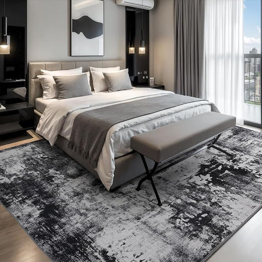 Rugflix 8x10 Area Rugs for Living Room, Washable Large Rug Stain-Resistant Low Pile, Modern Dark Carpet for Dining Room Home Office Kid Room Nursery Bedroom, Black Grey
