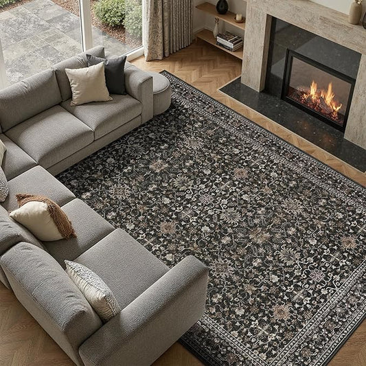 DCX Black 9x12 Rug, Kid & Pet Friendly with Rubber Back Non Slip, Machine Washable Stain Resistant Vintage Traditional Distressed Carpet, Rug for Living Room, Bedroom, Home Decor