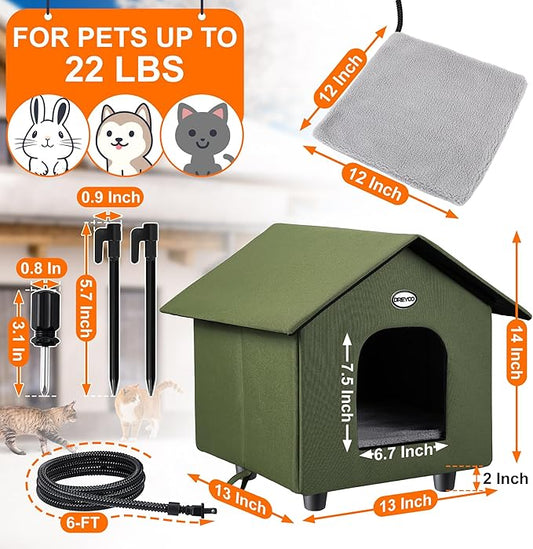 Dreyoo 1 Pack Heated Cat House Weatherproof, Winter Outdoor Tent with Heated Bed, Foldable Warm Shelter with 2 Doors for Feral Cats and Small Animals (Green)