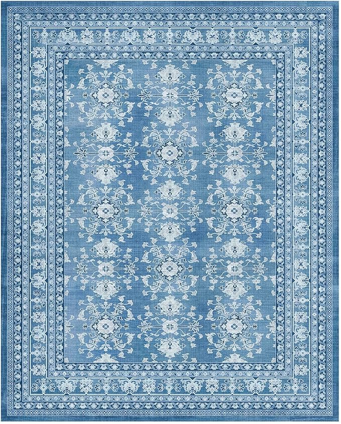 Lessymo 8x10 Area Rugs for Living Room, Machine Washable Non Slip Large Rug, Soft Low Pile Carpet for Bedroom Dining Office, Vintage Blue/White Distressed Floral Floor Decor