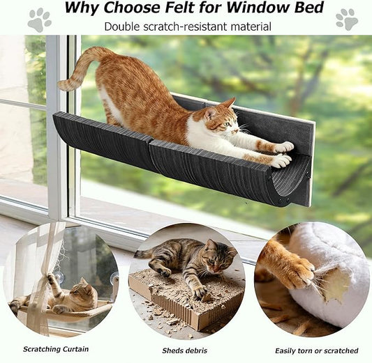 Cat Window Perch with Scratching Bed,Versatile Climbing Shelves Mounted by Strong Suction Cups, Solid Metal Frame and Anti-Slip Felt for Hide,Nap and Sunbath, Glass Protection Design(Grey)