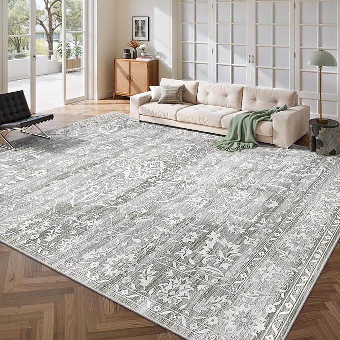 8x10 Washable Area Rugs for Living Room, Vintage Floral Stain Resistant Non-Slip Low Pile Natural Rug Soft Throw Large Gray Carpet for Dining Room Bedroom Home Office (Grey, 8'x10')