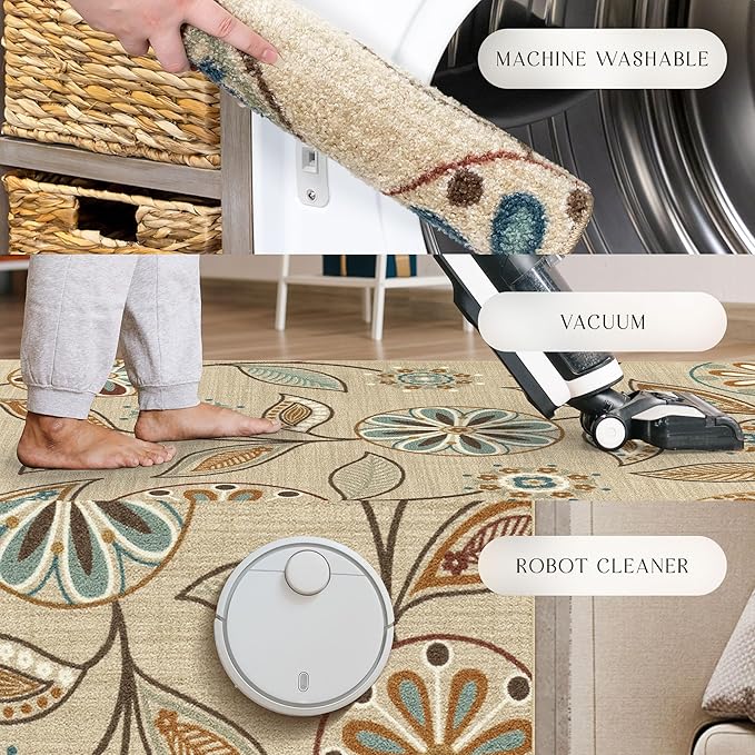 Maples Rugs Reggie Floral Area Rug - Made in USA - Washable, Non Slip, Pet-Friendly Mats for Living Room, Bedroom, and Office, 3'4" x 6', Beige