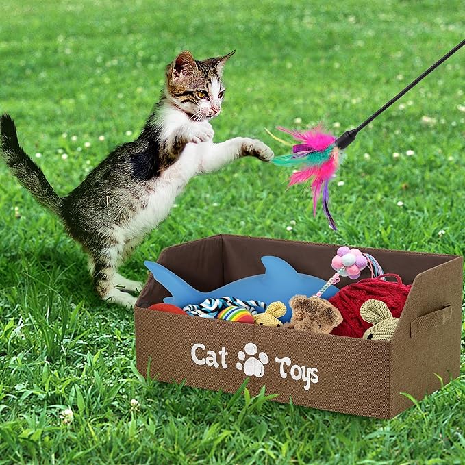 2X Thicker Large Cat Toy Bin - Collapsible Box, Sturdy Basket, Kitten Storage Bed for Organizing Toys, Treats, Clothes and Accessories (Brown)
