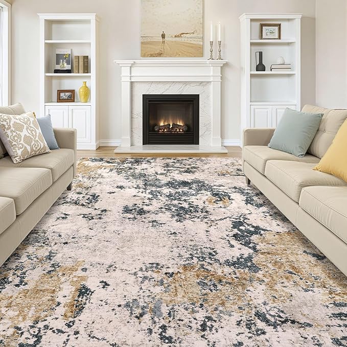 Area Rugs for Living Room: 10x14 Abstract Washable Rug Large Soft Stain Resistant Non-Slip Backing for Bedroom Dining Room Indoor Home Office Carpet for Kids Pet Friendly Families - Grey Gold