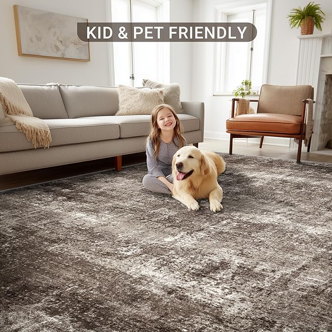 LEPEII 8x10 Area Rugs, Machine Washable Low Pile Rugs for Living Room, Modern Abstract Area Rugs for Bedroom, Large Area Rug with Non-Slip Backing for Dining Room-Brown/Multi