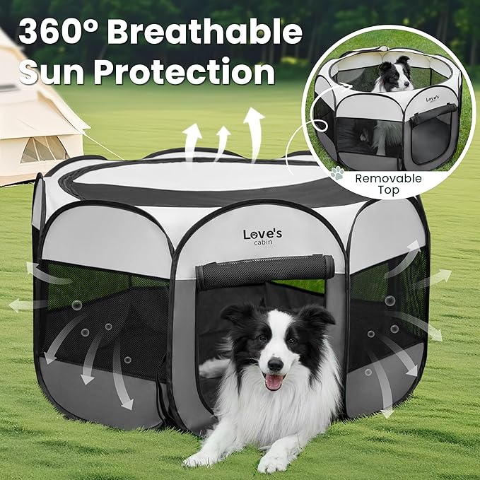 Love's cabin Pet Puppy Dog Playpen, Medium Dog Tent Crates Cage Indoor/Outdoor, Portable Playpen for Cat, Foldable Pop Up Dog Kennel Playpen with Carring Case, Removable Zipper Top, Grey
