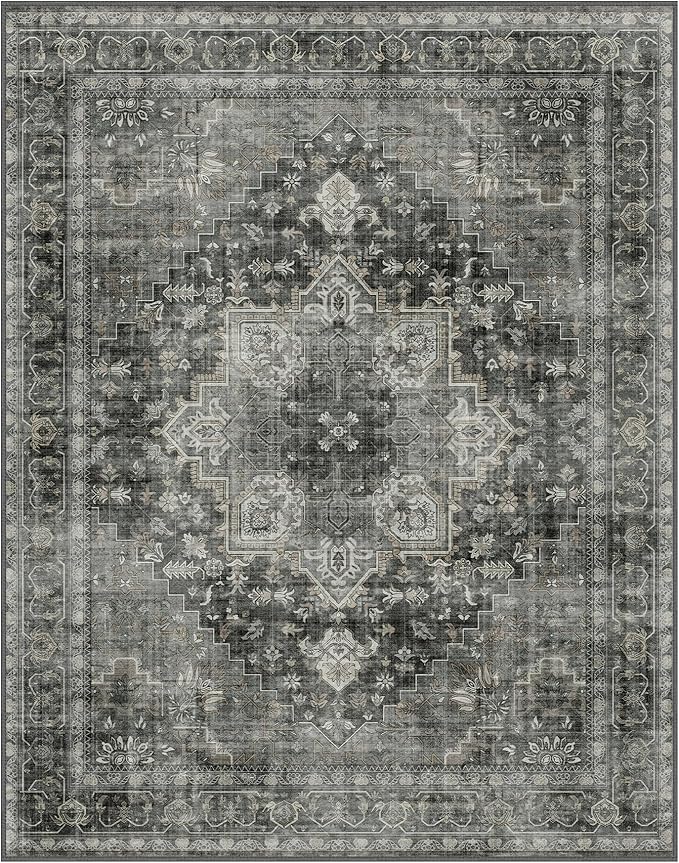 GENIMO 5x7 Area Rugs for Living Room, Machine Washable Non Slip Vintage Rugs, Low Pile Lightweight Chenille Print Rug for Bedroom, Dining Room, Home Office,Charcoal Gray