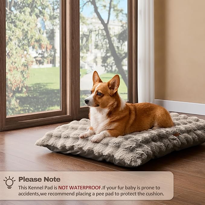 WDCOZY Fluffy Dog Crate Beds for Large Dog, Plush Faux Fur Kennel Pad with Removal Washable Cover, Soft Pet Mat for Sleeping & Ease Anxiety, Anti-Slip Bottom for Pet Up to 90 lbs, 41"x27", Beige