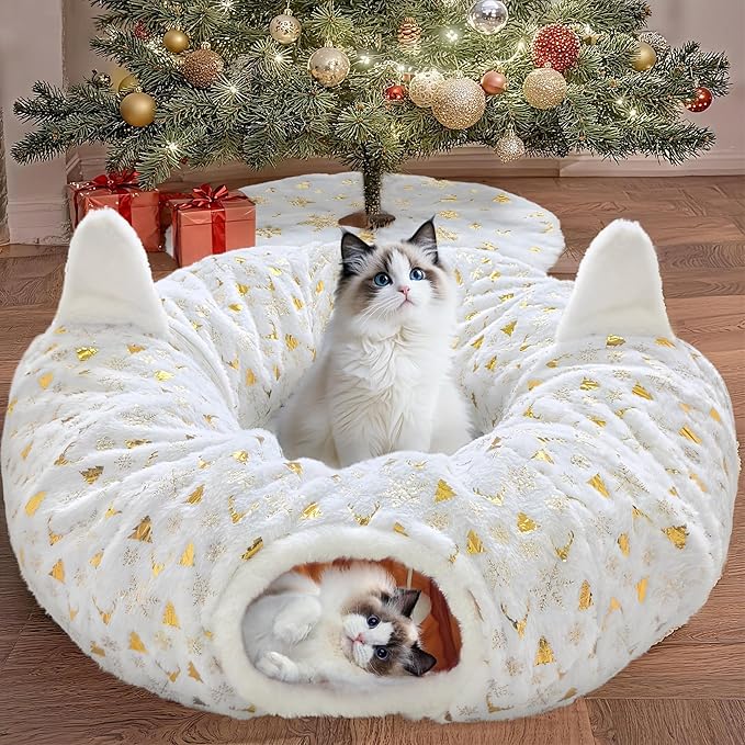 Cat Tunnel Christmas Tree Skirt, Cat Tunnel Bed with Hanging Toy Ball, Foldable Plush Cats Cave Donut Tunnel Christmas Decorations, Kitty Tunnel for Indoor Kitten Rabbit Puppy, White Gilded