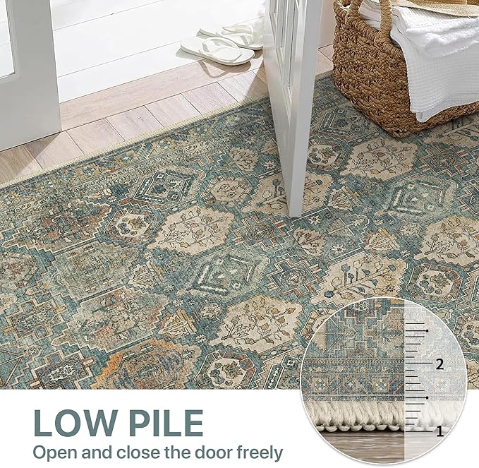 Bavni Washable Rug 5x7 Area Rug for Living Room Bedroom Dining, Washable Vintage Print Carpet, Ultra-Thin Low Pile Lightweight Rug with Non Slip Backing, Teal