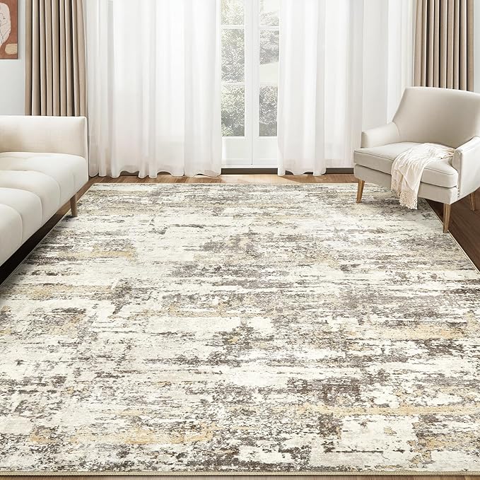 Area Rugs for Living Room: Abstract Washable Rug Large Soft Stain Resistant Non-Slip Backing for Bedroom Dining Room Indoor Home Office Carpet for Kids Pet Friendly Families - 7x9 Gold Brown