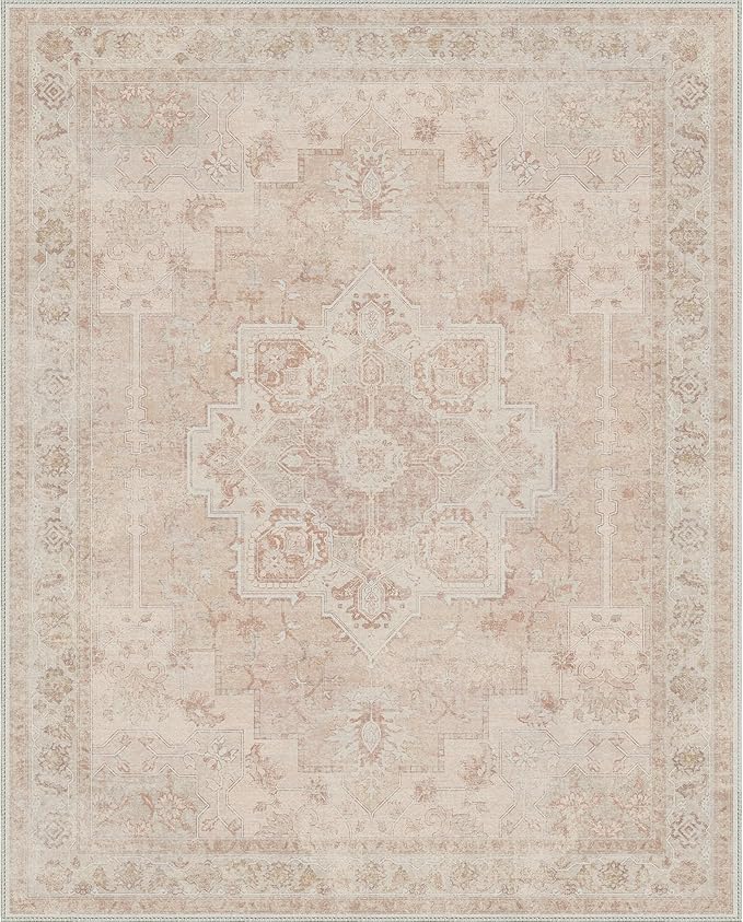 GENIMO 8x10 Area Rugs for Living Room, Machine Washable Non Slip Vintage Rugs, Low Pile Lightweight Chenille Print Rug for Bedroom, Dining Room, Home Office, Light Pink