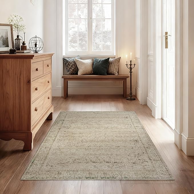 Boho Kitchen Rug Washable,2x3 Non Slip Farmhouse Neutral Small Area Rug for Bathroom Bedroom Indoor Entrway Ultra Thin Fit Under Door,Tan Brown and Cream Beige