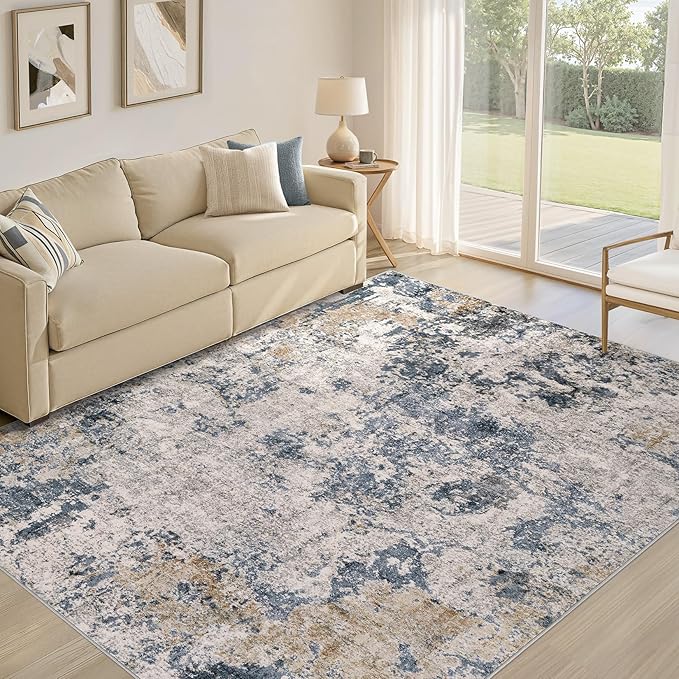Area Rugs for Living Room: 9x12 Abstract Washable Rug Large Soft Stain Resistant Non-Slip Backing for Bedroom Dining Room Indoor Home Office Carpet for Kids Pet Friendly Families - Blue Brown