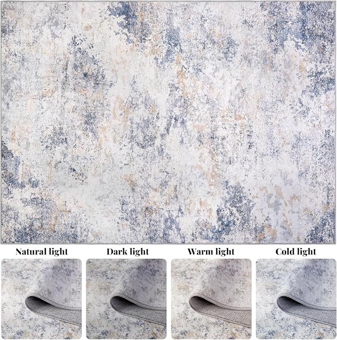 Area Rug Living Room Washable Rugs: 5x7 Modern Neutral Abstract Low Pile Non Slip Floor Carpet - Large Soft Thin Stain Resistant Rug for Bedroom Dining Indoor Office Home, Blue Glod