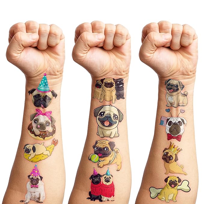 96 PCS Pug Pre-Cut Temporary Tattoos – Cute Dog Puppy Stickers for Kids, Birthday Party Favors, Decorations, Supplies, Gifts for Girls Boys, Classroom School Prizes, Rewards