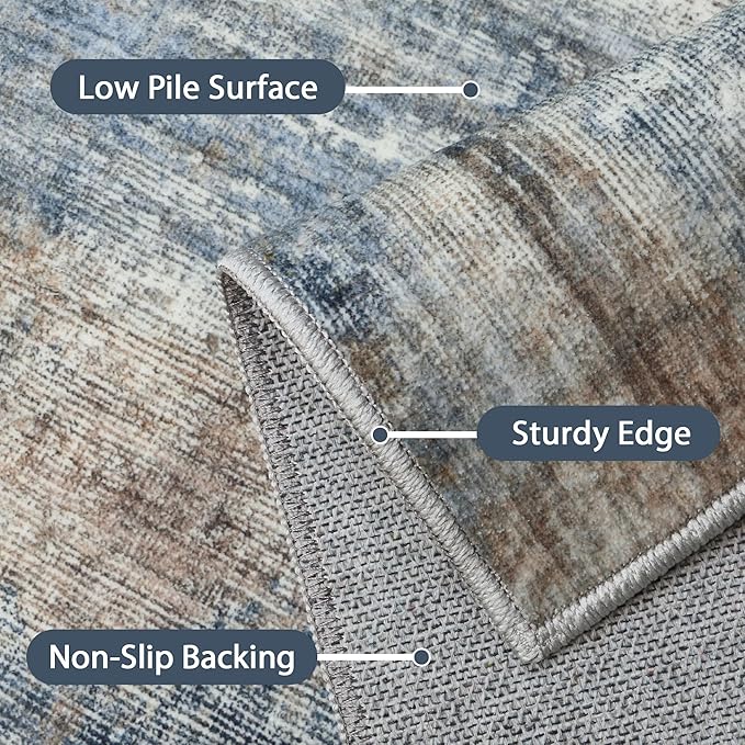 Area Rugs 6x9 for Living Room Bedroom, Modern Abstract Machine Washable Rug, Large Soft Low Pile Floor Carpet with Non Slip Backing for Dining Room, Denim Blue/Taupe