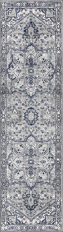 JONATHAN Y Modern Vintage Medallion Light Gray/Navy Runner Rug, 2x10, Country, Floral, Easy-Cleaning for Living Room, Bedroom, Kitchen, Pet Friendly, Non-Shedding (MDP106B-210)