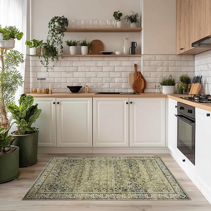 Throw Rugs 2x3,Non Slip Washable Vintage Floral Boho Accent Soft Thin Small Area Rug for Sink Area Bathroom Bedroom 24 x 36,Olive Green and Beige