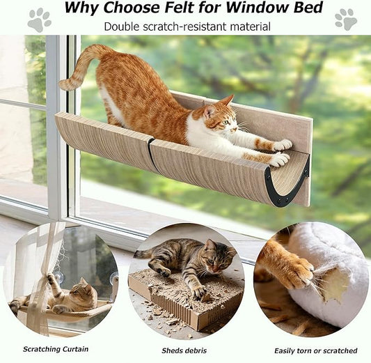 Cat Window Perch with Scratching Bed,Versatile Climbing Shelves Mounted by Strong Suction Cups, Solid Metal Frame and Anti-Slip Felt for Hide,Nap and Sunbath, Glass Protection Design(Oatmeal)