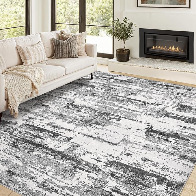 Area Rugs for Living Room: Abstract Washable Rug Large Soft Stain Resistant Non-Slip Backing for Bedroom Dining Room Indoor Home Office Carpet for Kids Pet Friendly Families - 7x9 Black Grey
