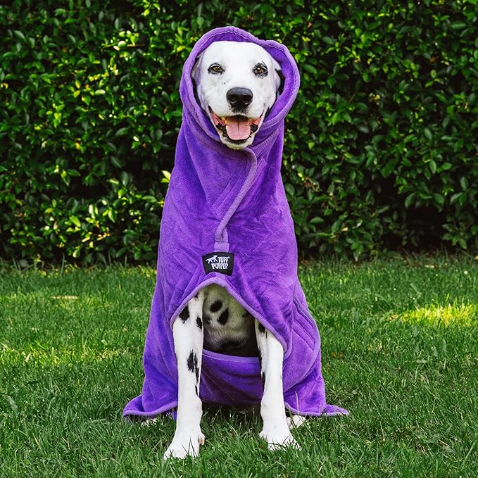 Tuff Pupper Fast Drying Dog Bath Robe | 800 GSM Plush Dog Towel Bathrobe/Dressing Gown | Super Absorbent Pet/Puppy Bathrobe | Adjustable Hood & Belly Strap | Super Soft | Fast Drying (XL, Purple)