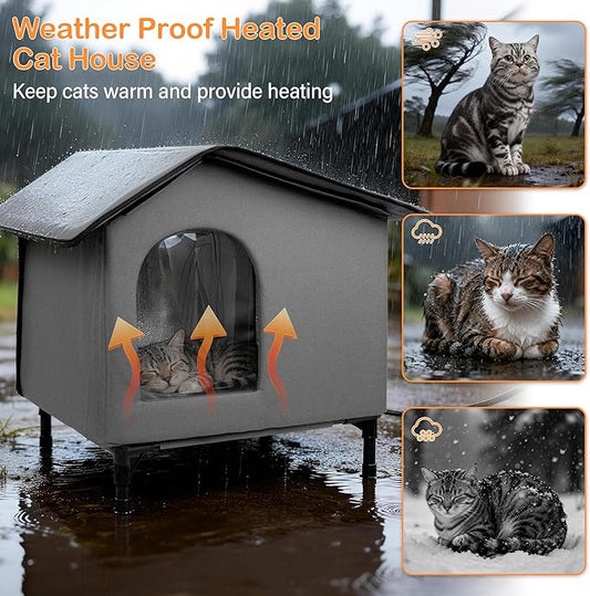 Weatherproof Heated Cat House - Outdoor Cat House with Heating Pad Bed,Insulated Cat House Elevated Outdoor Feral Cats Shelter with Soft Mat for Outside/Indoor Cats (Heat Gray)