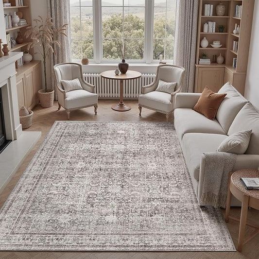 DCX Gray 9x12 Rug, Kid & Pet Friendly with Rubber Back Non Slip, Machine Washable Stain Resistant Vintage Traditional Distressed Carpet, Rug for Living Room, Bedroom, Home Decor