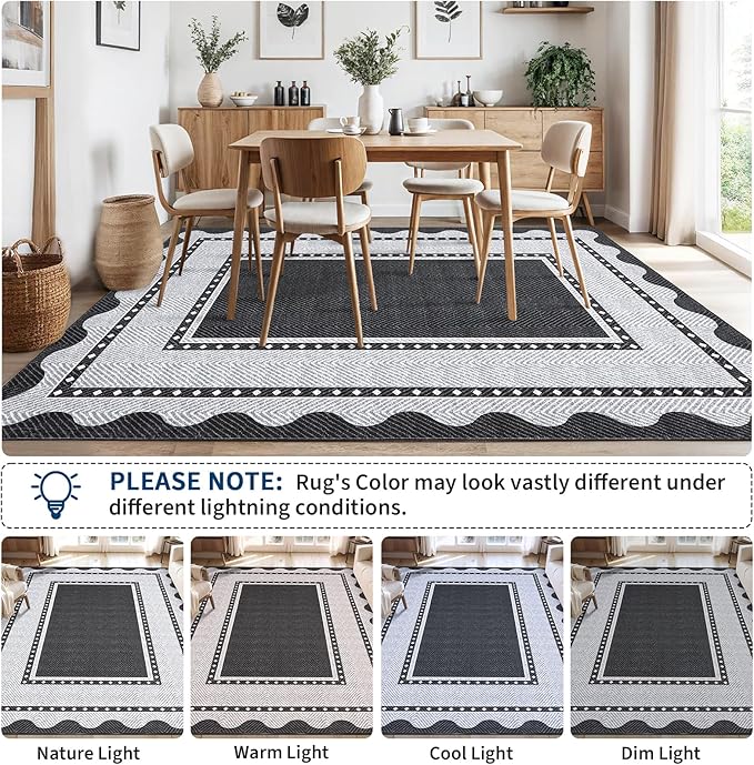 GarveeHome Washable 8x10 Area Rugs with Non Slip Backing, Large Solid Rugs for Living Room Bedroom, Modern Border Neutral Soft Carpet, Stain-Resistant Floor Mats for Nursery, Home Decor, Black Grey