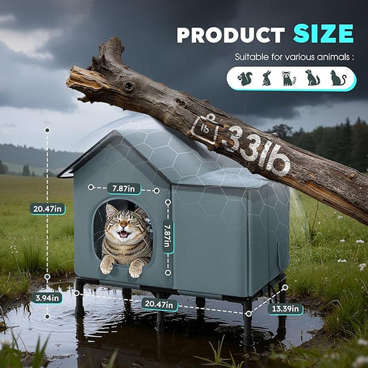 Weatherproof Heated Cat House for Outside with Heating Pad, Elevated Feet Outdoor Cat House, Expanded Canopy Warm Cats Shelter, Heating Pet Beds for Feral or Stray Cats in Winter (Warm Grey, Unheated)