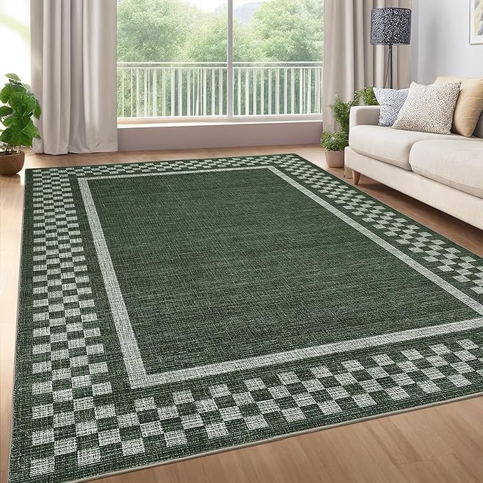 GarveeHome Washable Area Rug 4x6 Small Living Room Rugs Modern Bordered Soft Dining Room Throw Carpet Low Pile Non Slip Checkered Bedroom Rug Geometric Carpet for Nursery Kitchen Home Office, Green