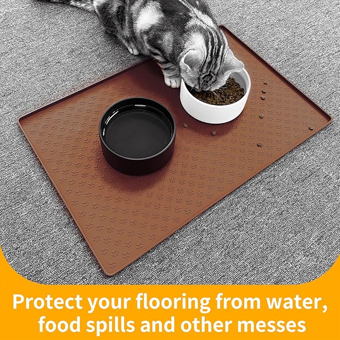 Ptlom Dog Food Mat Anti-Slip Bowl Mats for Food and Water, Waterproof Silicone Pet Placemat with High Raised Edges, Non-Slip Puppy Feeding Tray for Small, Medium Large Cats Dogs, Brown, 24.5" 16.5"
