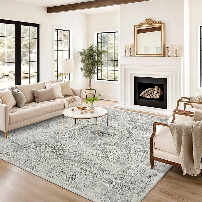 Washable Area Rug 8x10, Gray Soft Rug for Living Room Vintage 8x10 Area Rugs for Bedroom Dining Room Floral Non-Slip Thin Grey Rug