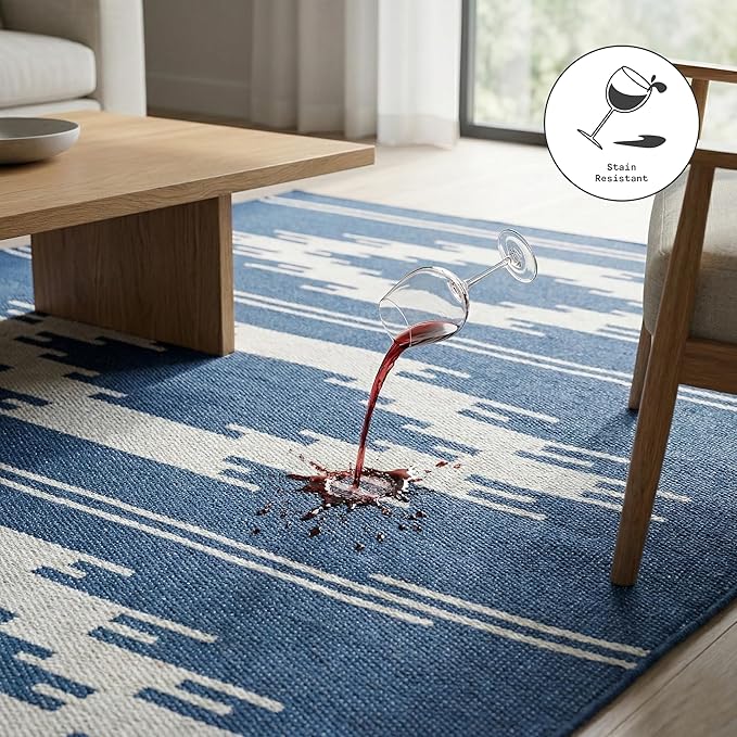 Fab Habitat Machine Washable Area Rug - Hand Woven, Stain Resistant, Pet Friendly, Reversible - Premium Recycled Polyester Yarn - Ikat - Bedroom, Living/Dining Room - Madison - Navy & Gray - 5 x 8 ft