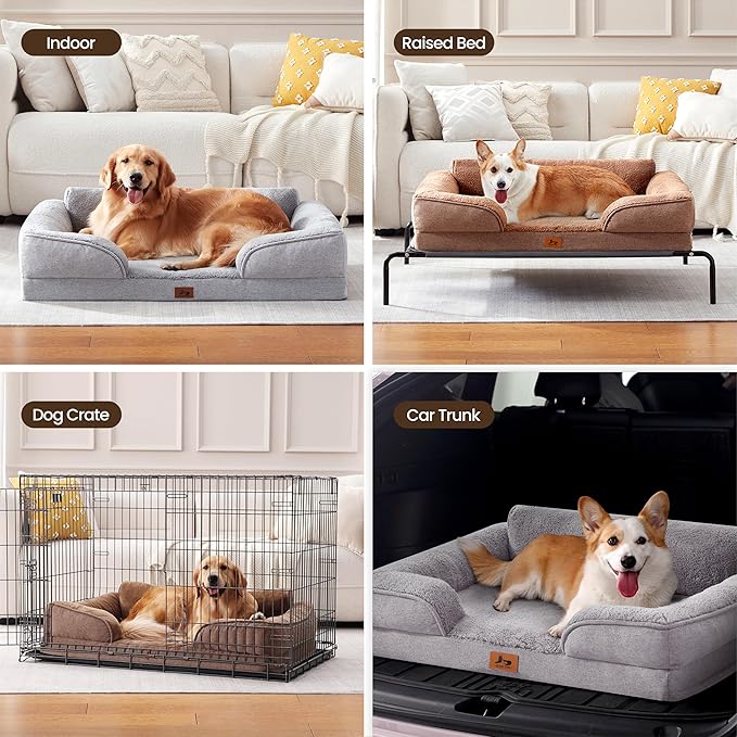 XL Orthopedic Dog Beds for Large Dogs, Waterproof Egg-Crate Foam Pet Couch Bed with Soft Sides, Non-Slip Dog Sofa with Fleece Removable Washable Cover, 42" L Supportive Pet Sofa, Light Grey