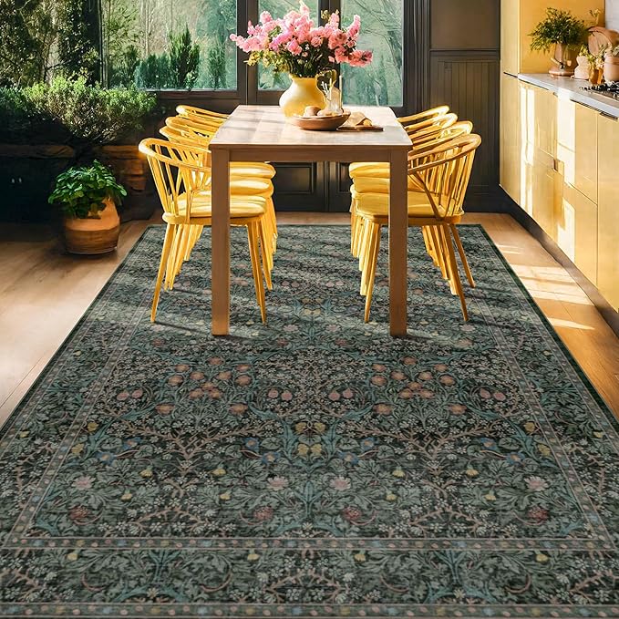 Dining Room Rugs for Under Table - 6x9 Washable Dark Green Oriental Area Rug for Living Room, Low Pile Non-Slip Floor Carpet for Bedroom - Vintage Design & Stain Resistance (6x9 Dark Green)