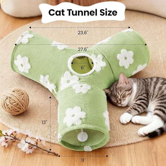 Tempcore Flannel Pet Cat Tunnel Tube Cat Toys 3 Way Collapsible, Cat Tunnels for Indoor Cats,Kitty Tunnel Bored Pet Toys Peek Hole Toy Ball Puppy, Kitty, Kitten, Rabbit Daisy Green