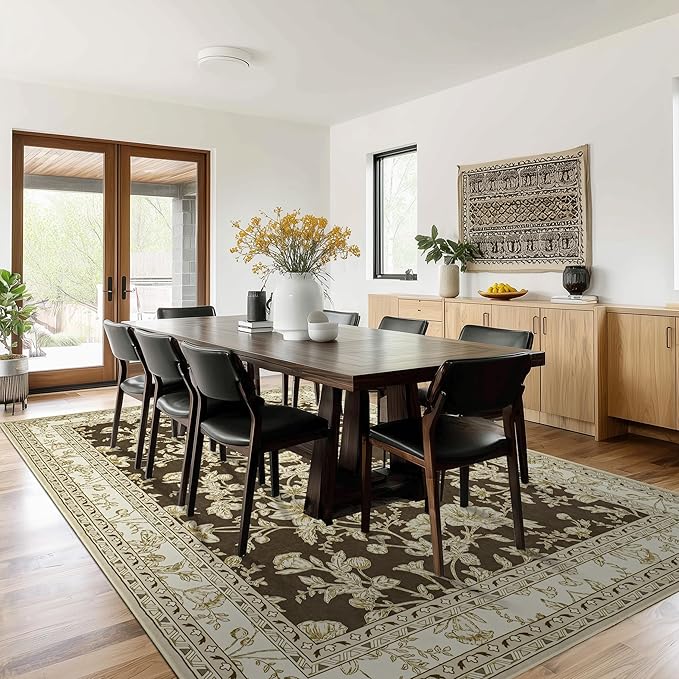 Brown Floral Print Area Rugs for Bedroom Living Room Boho Farmhouse Country Rustic Dining Room Carpet Soft Washable Rugs Non Slip Floor Covering for Nursery Playroom 6x9