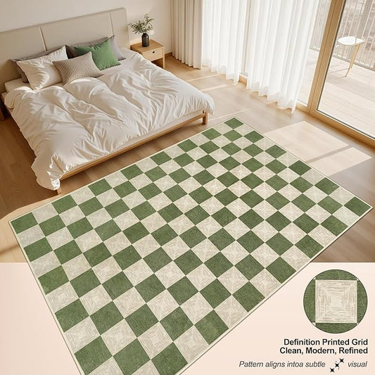 7x9 Green Checkered Area Rug for Living Room, Machine Washable Non-Slip Farmhouse Carpet, Low Pile Stain-Resistant Checkerboard Large Rug for Bedroom or Dining Room