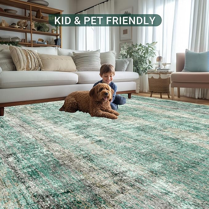 LEPEII 5x7 Area Rugs, Abstract Rugs for Living Room, Indoor Non-Slip Washable Rug for Bedroom, Dining Room, Low Pile Home Decor Neutral Area Rug-Green
