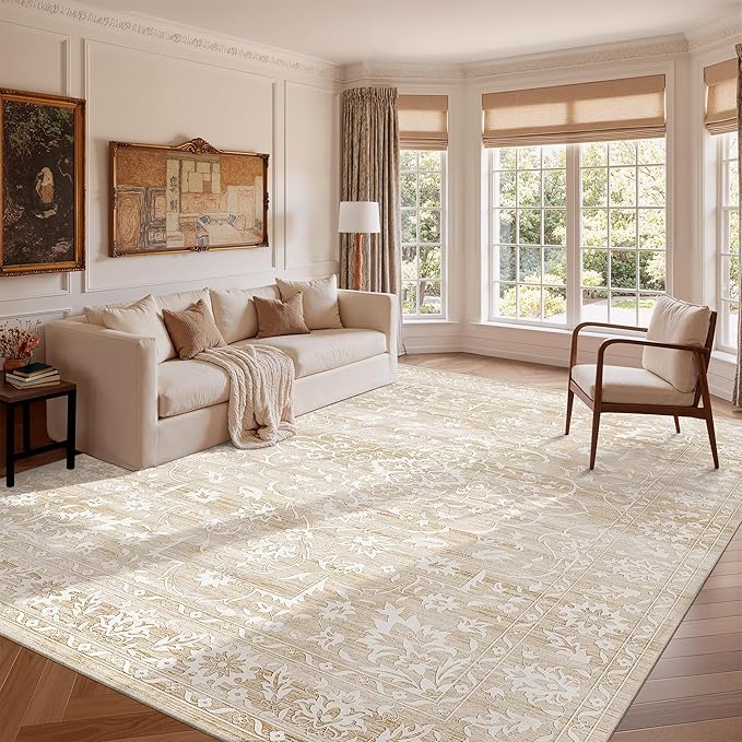 12x15 Area Rugs for Living Room, Stain Resistant Neutral Washable Rugs for Dining Room, Floral Vintage Non-Slip Thin Large Size Area Rug Beige