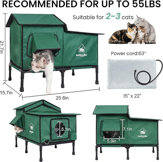 Heated Cat House for Outside, Heated Cat Bed with Cat Heating Pad, Large Outdoor Cat House Weatherproof for 2-3 Pets Up to 55lbs for Garden, Patio, or Backyard (Green-L)