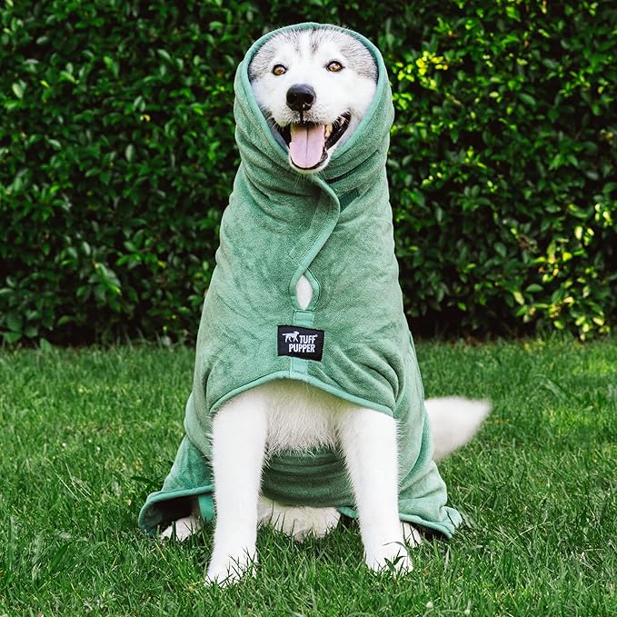 Tuff Pupper Fast Drying Dog Bath Robe | 800 GSM Plush Dog Towel Bathrobe/Dressing Gown | Super Absorbent Pet/Puppy Bathrobe | Adjustable Hood & Belly Strap | Super Soft | Fast Drying (L, Green)