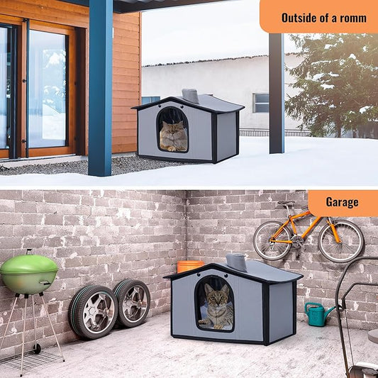 Rengue Heated Cat House, Large 20''x17''x16'' Cat Shelter Heated Outdoor Cat House Water Proof Plush Interior Safe Low Voltage for Indoor Semi Outdoor Cats